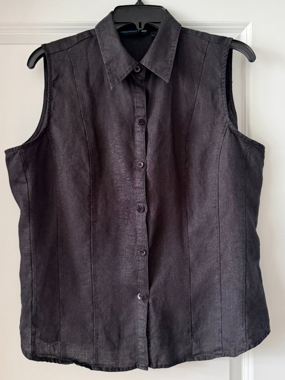 100% LINEN Saint Tropez West Womens XL Sleeveless Button Down Top Fitted Classic